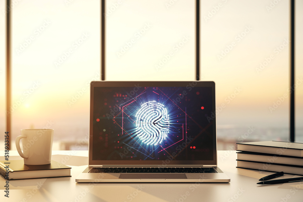 Aufkleber Computer monitor with abstract fingerprint scan interface, digital access concept. 3D Rendering