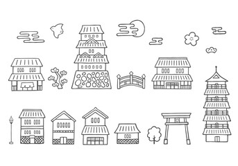 和風の建物手描きイラストセット（モノクロ）