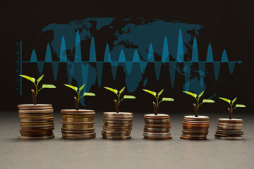 Business investment profit and dividend money from saving concept. Tree growing on a pile of coins...