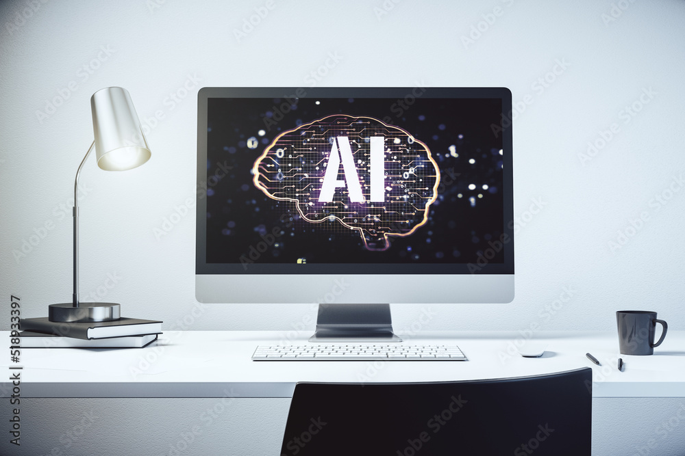 Leinwandbilder modern computer display with creative human brain microcircuit. future technology and ai concept. 3d