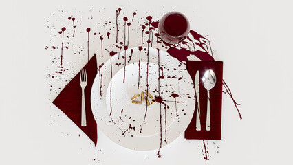 Fototapeta na wymiar Splashing drops of blood, hunger due to global warming. Death on the plate, climate crisis. Blood will be shed because of water wars. We destroy nature.