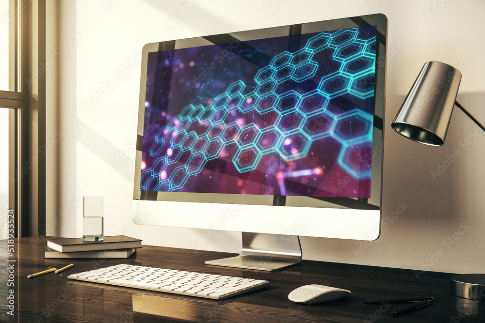 Poster Creative concept of wireless technology with hexagon hologram on modern laptop screen. Big data and database concept. 3D Rendering