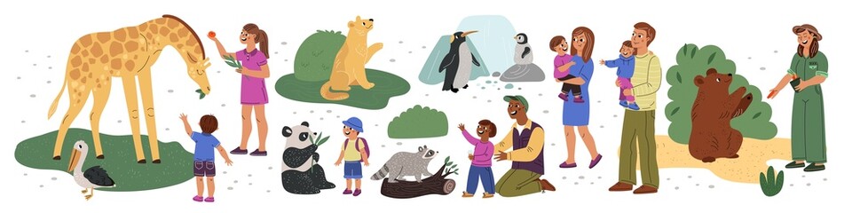 Fototapeta premium Zoo visitors. People in zoological garden. Exotic animals and human families. Safari park. Parent with children watching fauna. Kids feeding giraffe. Summer leisure. Garish vector set