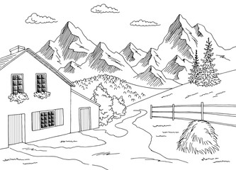 Fototapeta na wymiar Village mountain graphic black white rural landscape sketch illustration vector