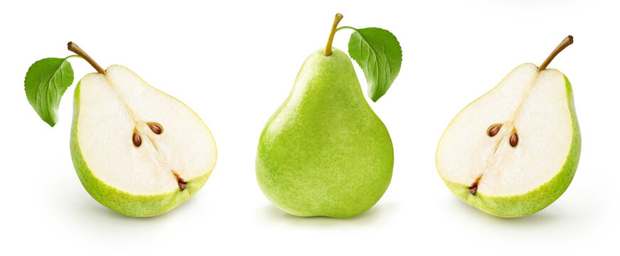 Green pear with pear leaf and half of pear isolated on white background.