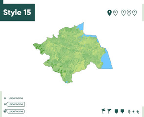 Obraz premium South Sumatra, Indonesia - map with shaded relief, land cover, rivers, lakes, mountains. Biome map.