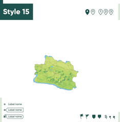 West Java, Indonesia - map with shaded relief, land cover, rivers, lakes, mountains. Biome map.