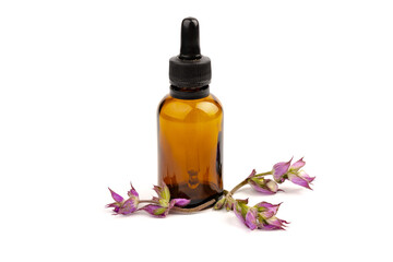 A bottle of essential oil with fresh blooming clary sage twigs on white background.