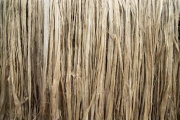 Closeup shot of raw jute fiber hanging under the sunlight for drying. Brown jute fiber texture and  background