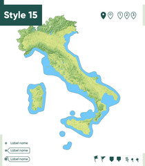 Italy - map with shaded relief, land cover, rivers, lakes, mountains. Biome map.