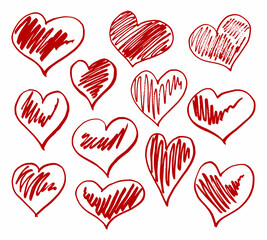 Vector hearts set. Hand drawn. Red drawings hearts.
