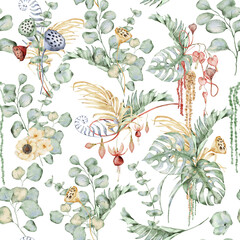 Watercolor seamless pattern with anemone flowers, eucalyptus and monstera leaves. Hand drawn illustration