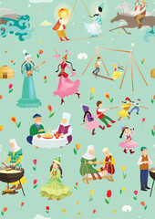 Pattern of people on the Nauryz holiday. Kazakhs in national clothes. Children's illustration.