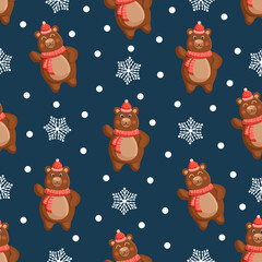 Seamless pattern with forest brown winter bear in hat and scarf with snowflakes and snow. Vector Christmas illustration for fabric, texture, wallpaper, poster, card. Editable elements.