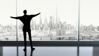 Fototapeta na wymiar Happy, successful businessman looks over the City from his office. 3D rendering illustration.