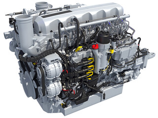 Heavy-duty diesel engine 3D rendering on white background