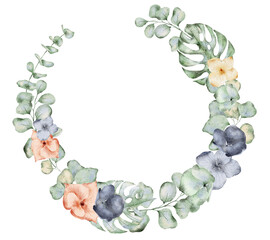 Watercolor wreath with anemone flowers, eucalyptus and monstera leaves. Hand drawn illustration