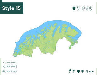 Troms Og Finnmark, Norway - map with shaded relief, land cover, rivers, lakes, mountains. Biome map.