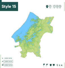 Trondelag, Norway - map with shaded relief, land cover, rivers, lakes, mountains. Biome map.