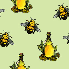 Cute cartoon bumble bee and dandelion wine doodles seamless border pattern. Summer vector repeatable background texture tile. Cozy template of stock print for wrapping design, wallpaper