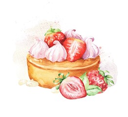 Strawberry tart cake on white background. Watercolour dessert, food illustration.	