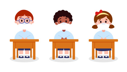 Cute cartoon students clipart wearing face mask in class