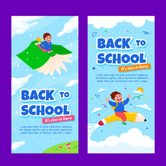 Back to school vertical banner design template with a boy sits on a flying book and flying pencil in the sky