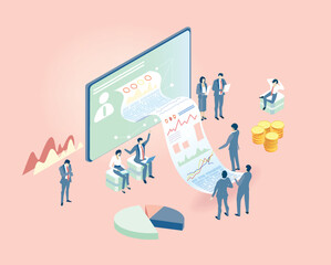 Isometric 3D business environment with business people working around a big screen. Work together as team,  success, reading data, personal security infographic illustration.
