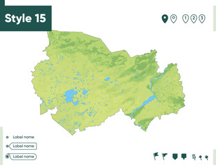Obraz premium Novosibirsk Region, Russia - map with shaded relief, land cover, rivers, lakes, mountains. Biome map.