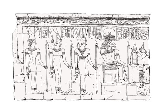 recommend clip art: Sketch of Egyptian relief with Khnum god,  ancient Egyptian god of fertility, associated with water and with procreation
