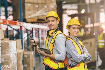 portrait cargo warehouse engineer people caucasian male and woman standing together teamwork