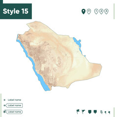 Saudi Arabia - map with shaded relief, land cover, rivers, lakes, mountains. Biome map.