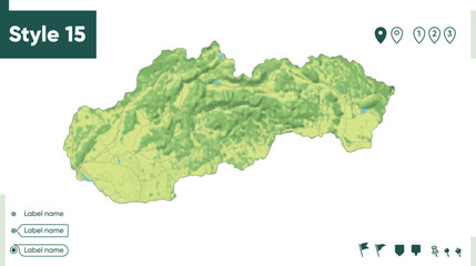 Slovakia - map with shaded relief, land cover, rivers, lakes, mountains. Biome map.