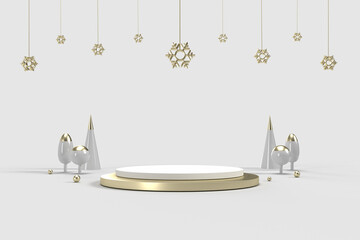 Luxury round product display podium in winter with trees and snowflake. 3D rendering.