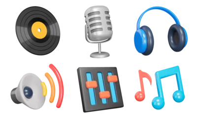 Foto op Aluminium Music 3d icon set. Equipment for listening and recording sound. phonograph record, microphone, headphones, speaker, equalizer, music notes. Isolated icons, objects on a transparent background © Mintoboru