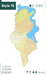 Tunisia - map with shaded relief, land cover, rivers, lakes, mountains. Biome map.