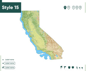 California, USA - map with shaded relief, land cover, rivers, lakes, mountains. Biome map.