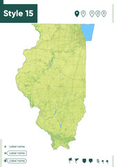 Illinois, USA - map with shaded relief, land cover, rivers, lakes, mountains. Biome map.