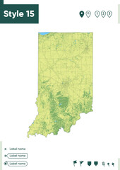 Indiana, USA - map with shaded relief, land cover, rivers, lakes, mountains. Biome map.
