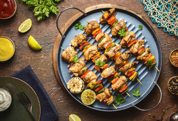 Arabic cuisine; Traditional grilled chicken Shish Kebabs or Shish Tawook on skewers. Close up with copy space. 