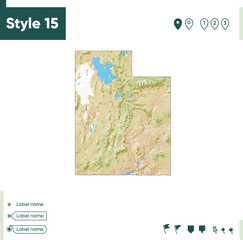 Utah, USA - map with shaded relief, land cover, rivers, lakes, mountains. Biome map.