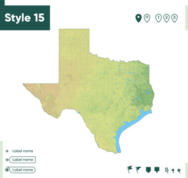 Texas, USA - Map With Shaded Relief, Land Cover, Rivers, Lakes, Mountains. Biome Map.