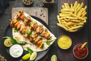 Arabic cuisine; Traditional Chicken Shish Kebabs or Shish Tawook skewers. Served with french fries,...