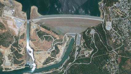 Oroville dam spillway failure, Oroville Dam crisis, looking down aerial view from above, Bird’s...