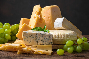 Different types of sarah on a wooden background close-up. Assortment of cheeses. Side view.