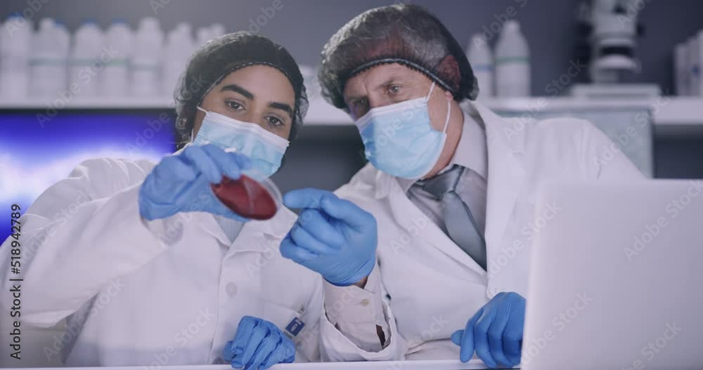 Poster Two scientists experimenting and testing blood samples in medical research laboratory. Pathologists recording findings and results online. Researchers analyzing biochemicals and developing cure