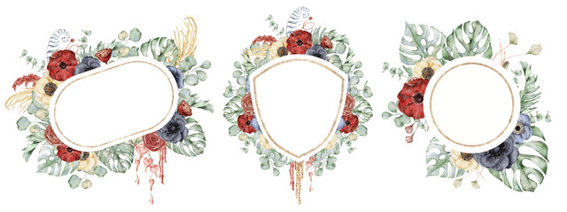 Watercolor frame with anemone flowers, eucalyptus and monstera leaves. Hand drawn illustration