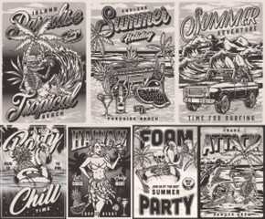 Summer party set monochrome posters