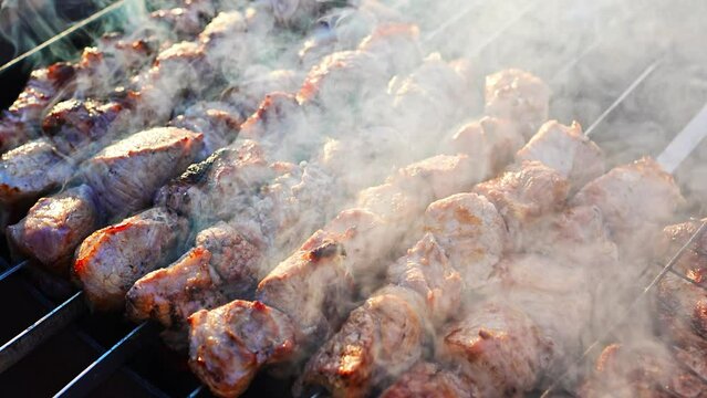 Close-up of grilling tasty dish on barbecue. Process of cooking yummy shashlik in nature. Delicious food on metal skewer in bbq. Time to picnic concept. 