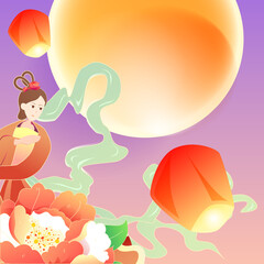 Fototapeta premium Mid-autumn festival on August 15th, Chinese mythology story Chang'e flying to the moon with moon and clouds in the background, vector illustration